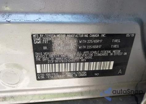 2019 Toyota Rav4 Le из США, поврежденный, VIN 2T3F1RFV1KC010485